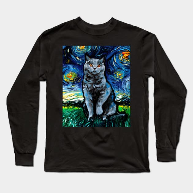 Blue British Shorthair Night Long Sleeve T-Shirt by sagittariusgallery